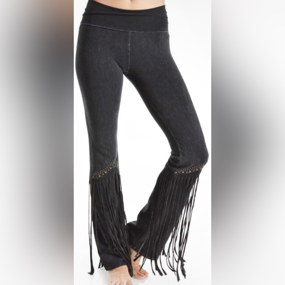T Party Boho Western Studded Fringe Flared Pants Acid Wash In Black XL